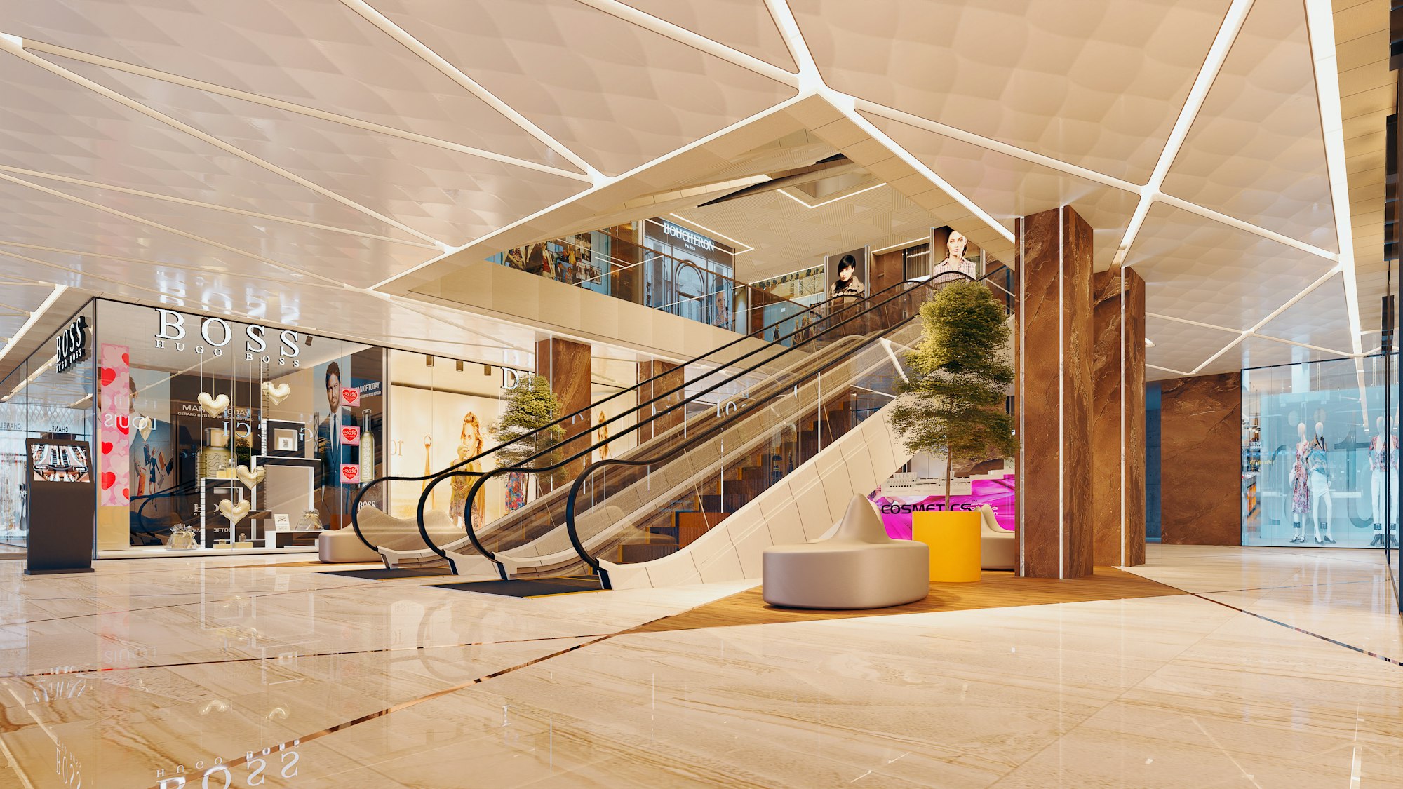 An upscale shopping mall interior with escalators and retail storefronts